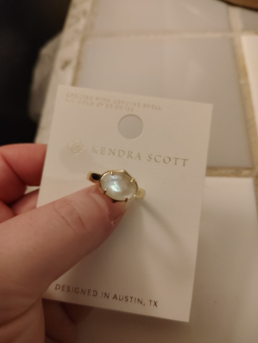 NWT Kendra Scott 14k Gold Plated Ring with Iridescent White Stone 8